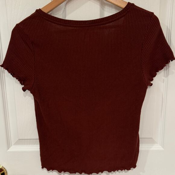 American Eagle Ribbed Button-Front Lettuce Hem Top – Rust Brown Size M Y2K 90's - Picture 9 of 9
